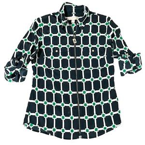 Michael Kors geometric print navy and green zip blouse